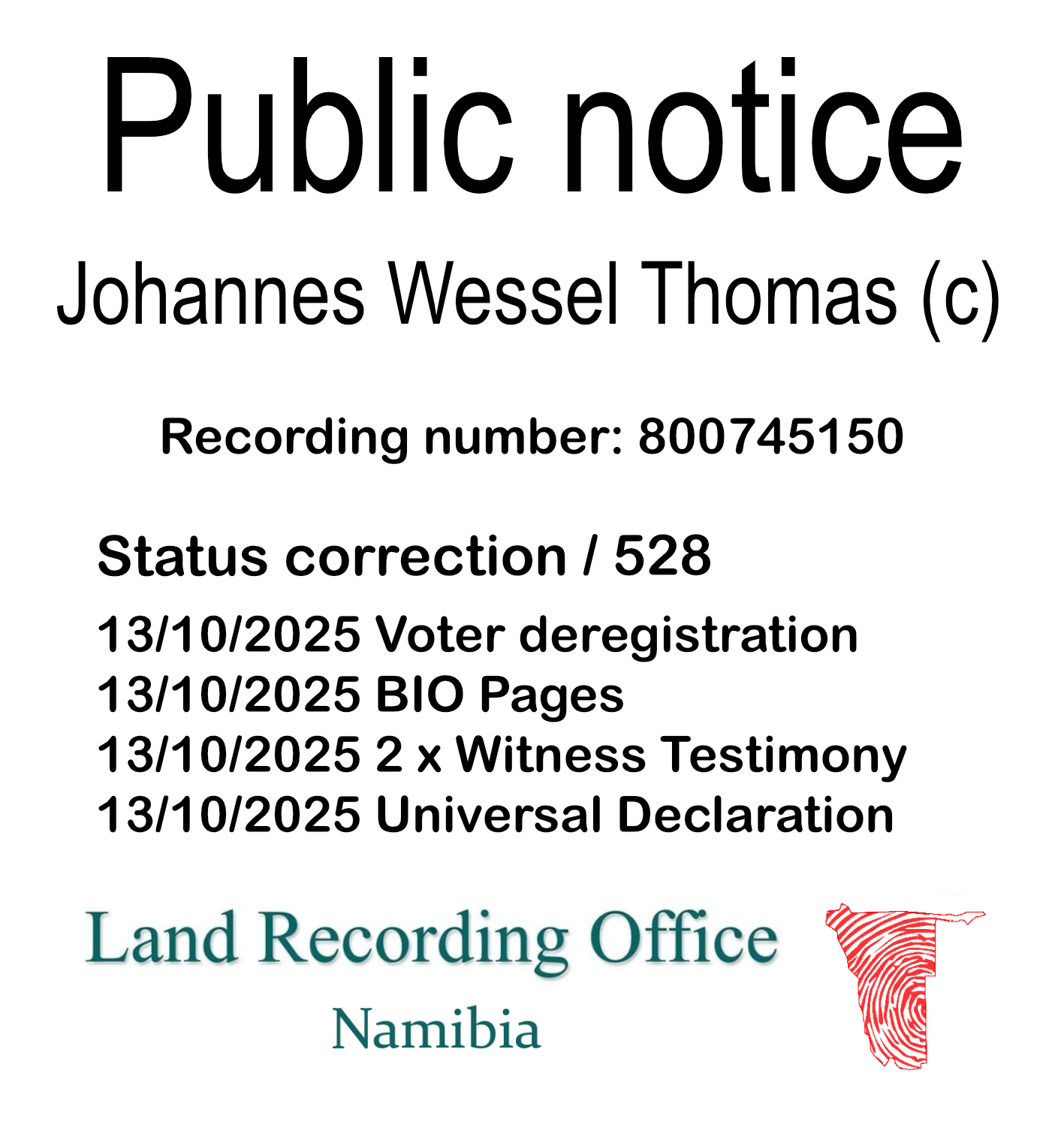Public notice Johannes Wessel Thomas Recording number 800745150